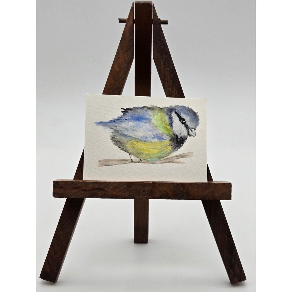 ACEO/ATC Baby Bird Watercolor Painting Blue Tit Yellow Nature Art Signed